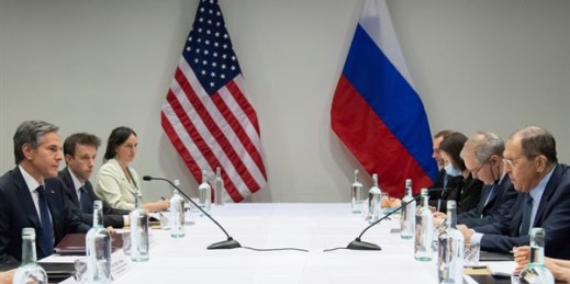 U.S. Secretary of State Antony Blinken, left, meets with Russian Foreign Minister Sergey Lavrov, right, in Reykjavik, Iceland, May 19, 2021 (pool photo by Saul Loeb via AP Images).