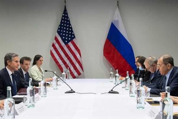 U.S. Secretary of State Antony Blinken, left, meets with Russian Foreign Minister Sergey Lavrov, right, in Reykjavik, Iceland, May 19, 2021 (pool photo by Saul Loeb via AP Images).