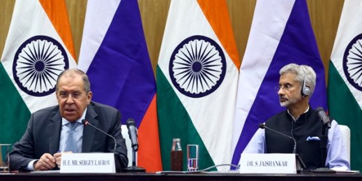 Russian Foreign Minister Sergey Lavrov, left, and Indian Foreign Minister Subrahmanyam Jaishankar following their talks in New Delhi, India, April 6, 2021 (Russian Foreign Ministry Press Service photo via AP Images).
