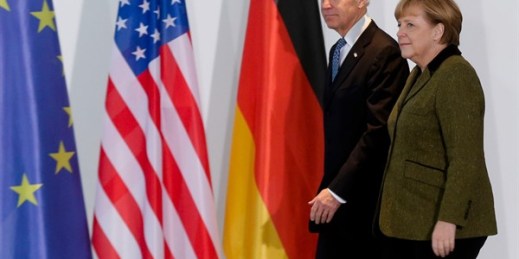 German Chancellor Angela Merkel, right, and then-Vice President Joe Biden at the chancellery in Berlin, Germany, Feb. 1, 2013 (AP photo by Markus Schreiber).