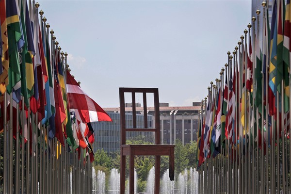 The “Broken Chair” monument to land mine victims at the Place des Nations in Geneva, Switzerland, July 16, 2009 (AP photo by Anja Niedringhaus).