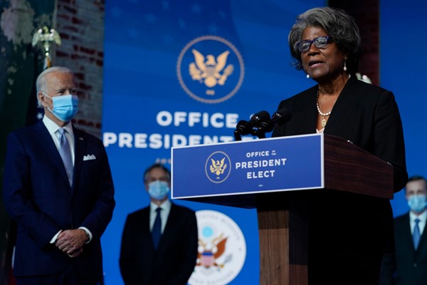 Linda Thomas-Greenfield, right, now U.S. Ambassador to the United Nations, and then-President-elect Joe Biden, in Wilmington, Delaware, Nov. 24, 2020 (AP photo by Carolyn Kaster).