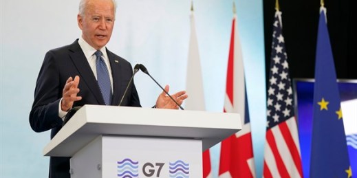 President Joe Biden at a news conference after attending the G-7 summit in Cornwall, England, June 13, 2021 (AP photo by Partrick Semansky).