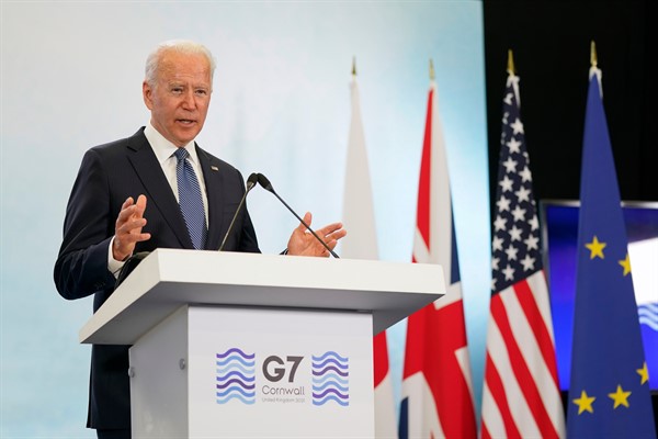 President Joe Biden at a news conference after attending the G-7 summit in Cornwall, England, June 13, 2021 (AP photo by Partrick Semansky).