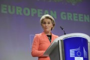 European Commission President Ursula von der Leyen speaks during a press conference to unveil the EU’s sweeping new climate legislation in Brussels, July 14, 2021 (AP photo by Valeria Mongelli).