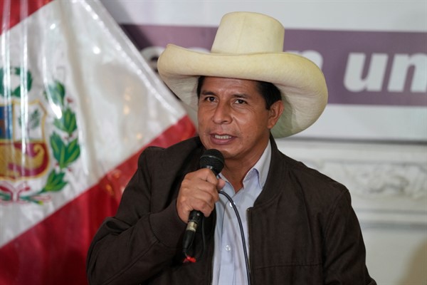 Peruvian presidential candidate Pedro Castillo gives a press conference at his campaign headquarters in Lima, Peru, June 15, 2021 (AP photo by Martin Mejia).