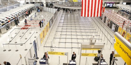 The empty area for TSA screening of travelers at the John F. Kennedy airport's Terminal 1 in New York, March 13, 2020 (AP photo by Kathy Willens).