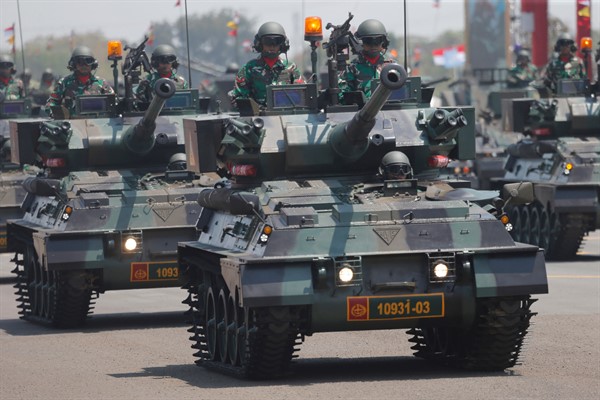 Indonesian tanks during a parade marking the 74th anniversary of the Indonesian armed forces in Jakarta, Oct. 5, 2019 (AP photo by Tatan Syuflana).