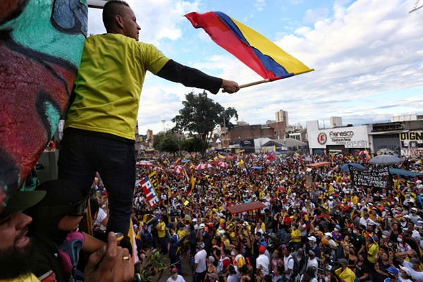 An anti-government march in Cali, Colombia, May 19, 2021 (AP photo by Andres Gonzalez).