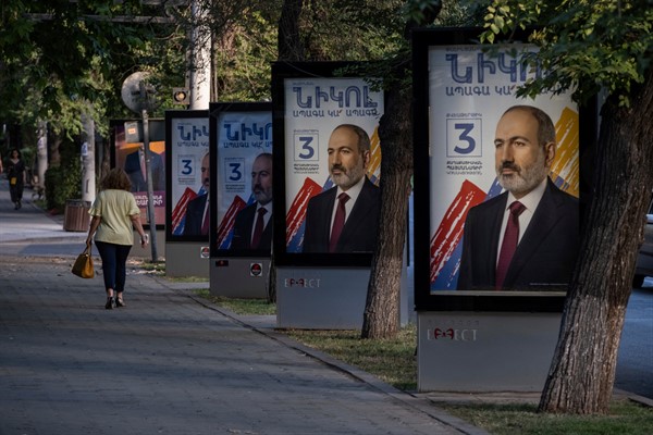 Election posters for Armenian Prime Minister Nikol Pashinyan, in Yerevan, Armenia, June 16, 2021 (AP photo by Areg Balayan).