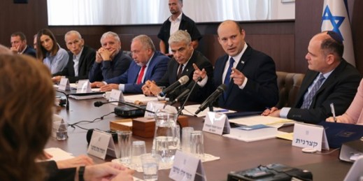 Israeli Prime Minister Naftali Bennett, second from right, chairs the first weekly Cabinet meeting of his new government in Jerusalem, June 20, 2021 (pool photo by Emmanuel Dunand via AP).