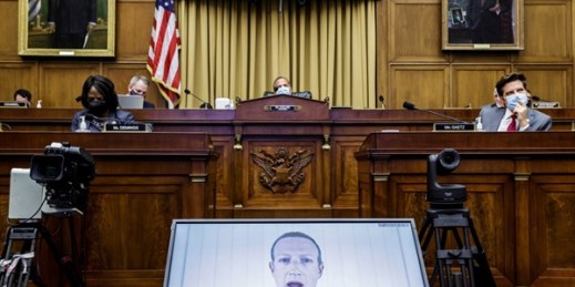 Facebook CEO Mark Zuckerberg speaks via video conference during a House Judiciary subcommittee hearing on antitrust on Capitol Hill in Washington, July 29, 2020 (AP photo by Graeme Jennings).