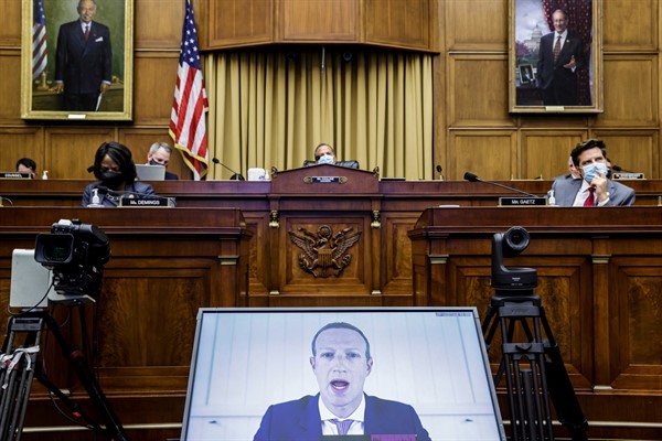 Facebook CEO Mark Zuckerberg speaks via video conference during a House Judiciary subcommittee hearing on antitrust on Capitol Hill in Washington, July 29, 2020 (AP photo by Graeme Jennings).