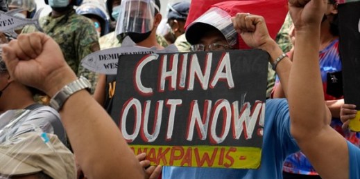 A protest in front of the Chinese Consulate in Makati city, Philippines, July 12, 2021 (AP photo by Aaron Favila).