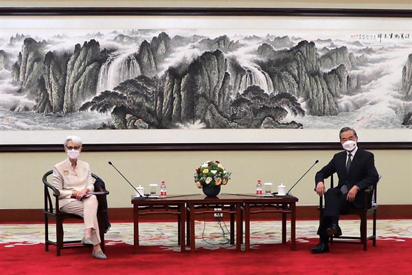 U.S. Deputy Secretary of State Wendy Sherman, left, and Chinese Foreign Minister Wang Yi meet in Tianjin, China, July 26, 2021 (U.S. Department of State photo via AP).