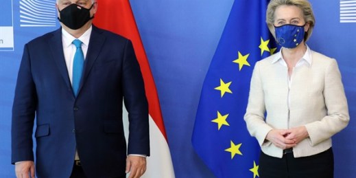Hungarian Prime Minister Viktor Orban, left, and European Commission President Ursula von der Leyen prior to a meeting at EU headquarters in Brussels, April 23, 2021 (pool photo by Francois Walschaerts via AP).