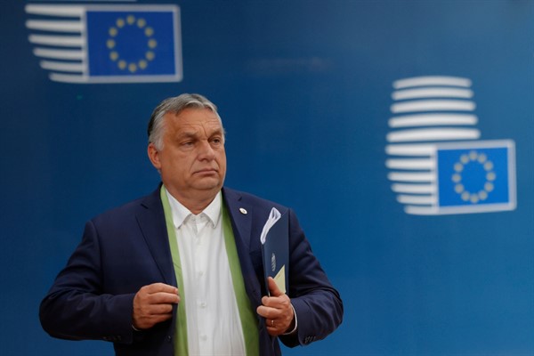 Hungarian Prime Minister Viktor Orban leaves at the end of an EU summit at the European Council building in Brussels, June 25, 2021 (AP photo by Olivier Matthys).