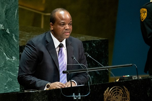 Eswatini’s King Mswati III addresses the 74th session of the United Nations General Assembly, Sept. 25, 2019 (AP photo by Craig Ruttle).