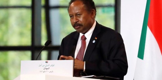Sudanese Prime Minister Abdalla Hamdok during a news conference at the Grand Palais Ephemere in Paris, May 17, 2021 (pool photo by Sarah Meyssonnier via AP Images).