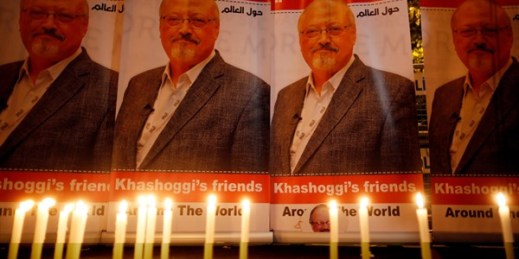 Candles lit by activists protesting the killing of Saudi journalist Jamal Khashoggi are placed outside Saudi Arabia’s consulate, in Istanbul, Turkey, Oct. 25, 2018 (AP photo by Lefteris Pitarakis).