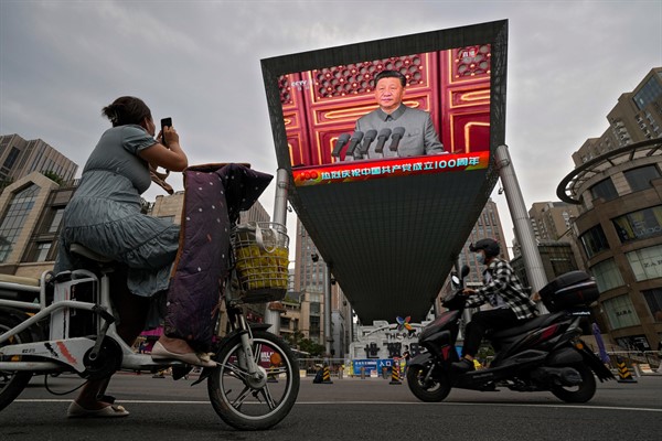 A large video screen showing Chinese President Xi Jinping speaking during an event to commemorate the centennial of China’s Communist Party at Tiananmen Square in Beijing, July 1, 2021 (AP photo by Andy Wong).