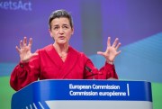European Commissioner Margrethe Vestager speaks at a news conference on the Digital Services Act and the Digital Markets Act at the European Commission headquarters in Brussels, Dec. 15, 2020 (AP Photo by Olivier Matthys).