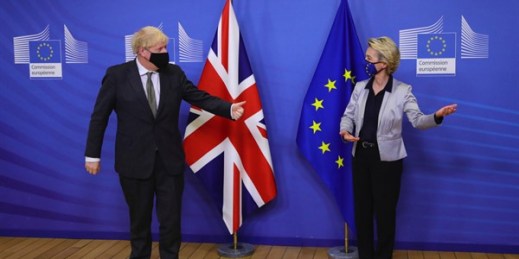 British Prime Minister Boris Johnson and European Commission President Ursula von Der Leyen in Brussels, Belgium, Dec. 9, 2020 (AP photo by Aaron Chown).