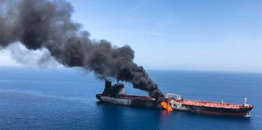 An oil tanker on fire in the Gulf of Oman (AP file photo).