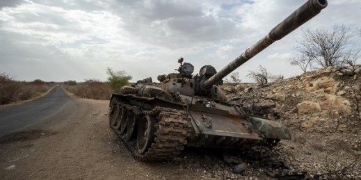 A destroyed tank by the side of the road in western Tigray, Ethiopia, May 1, 2021 (AP photo by Ben Curtis).