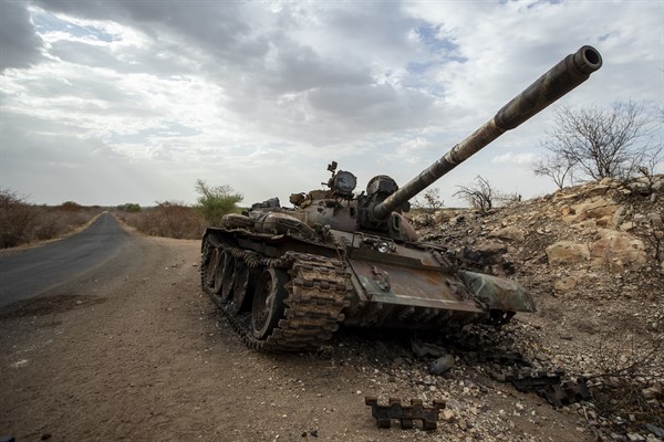 A destroyed tank by the side of the road in western Tigray, Ethiopia, May 1, 2021 (AP photo by Ben Curtis).