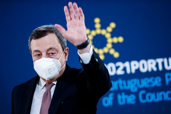 Italian Prime Minister Mario Draghi after addressing a media conference at an EU summit in Porto, Portugal, May 8, 2021 (pool photo by Francisco Seco via AP).