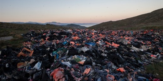 Life jackets at the waste disposal site near Molivos, Lesbos, Greece, March 12, 2020 (AP photo by Grigoris Siamidis).