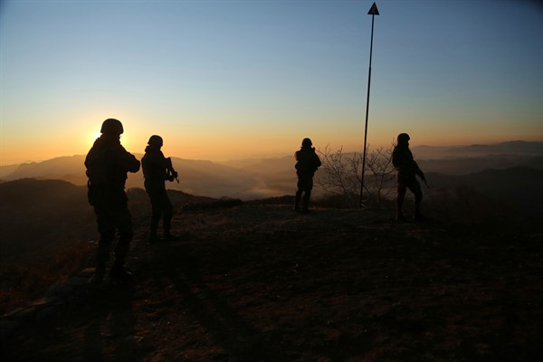 Indian soldiers patrol along the Line of Control between India and Pakistan  in Poonch, about 156 miles from Jammu, India, Dec. 18, 2020 (AP photo by Channi Anand).
