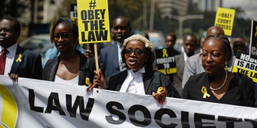 Mercy Wambua, center, the CEO of the Law Society of Kenya and other lawyers march to protest the Kenyan government’s deportation of an opposition politician, Feb. 15, 2018 (AP photo by Ben Curtis).