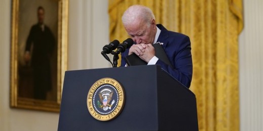 President Joe Biden pauses as he listens to a question about the bombings at the Kabul airport that killed at least 13 U.S. service members, Washington, Aug. 26, 2021 (AP photo by Evan Vucci).
