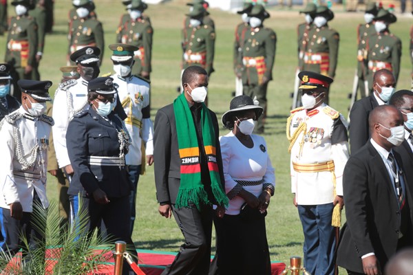 President Edgar Lungu arrives at the state funeral of Kenneth Kaunda, in Lusaka, Zambia, July 2, 2021 (AP phoot by Tsvangirayi Mukwazhi).
