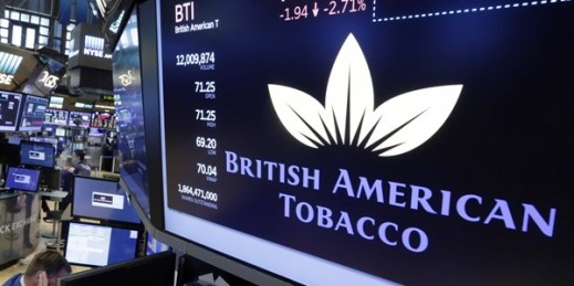 A logo for British American Tobacco on a trading post on the floor of the New York Stock Exchange, July 24, 2017 (AP photo by Richard Drew).