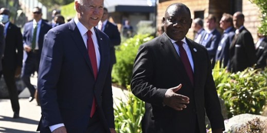 U.S. President Joe Biden with South African President Cyril Ramaphosa, during the G-7 summit in Cornwall, United Kingdom, June 12, 2021 (pool photo by Leon Neal via AP).