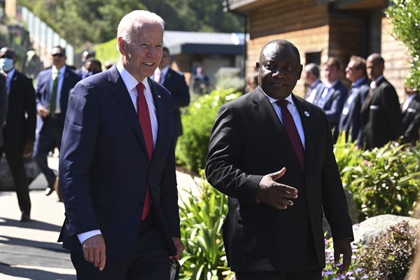 U.S. President Joe Biden with South African President Cyril Ramaphosa, during the G-7 summit in Cornwall, United Kingdom, June 12, 2021 (pool photo by Leon Neal via AP).