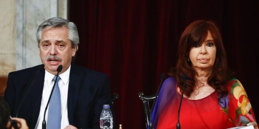 Argentine president Alberto Fernandez sits next to Vice President Cristina Fernandez as he opens the 2020 session of Congress in Buenos Aires, Argentina, March 1, 2020 (AP photo by Marcos Brindicci).