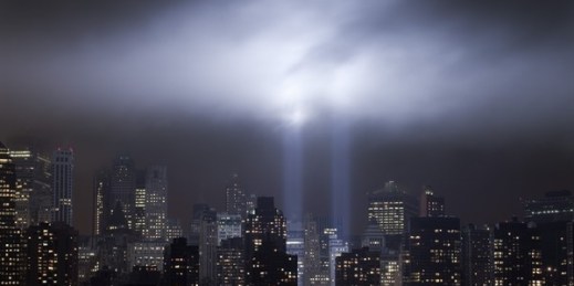 A test of the Tribute in Light rises above lower Manhattan, Sept. 6, 2011 (AP photo by Mark Lennihan).