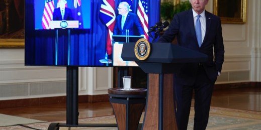President Joe Biden, joined virtually by Australian Prime Minister Scott Morrison and British Prime Minister Boris Johnson, speaks from the East Room of the White House in Washington, Sept. 15, 2021 (AP photo by Andrew Harnik).