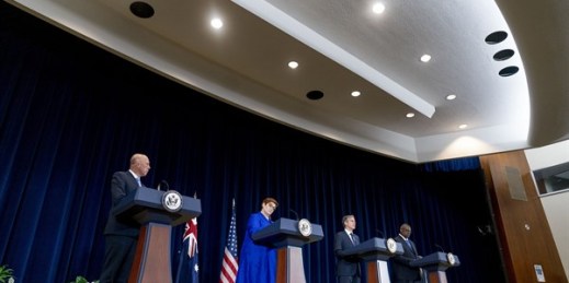 Australian Minister of Defense Peter Dutton, Australian Foreign Minister Marise Payne, U.S. Secretary of State Antony Blinken and U.S. Defense Secretary Lloyd Austin attend a news conference at the State Department in Washington, Sept. 16, 2021 (AP photo