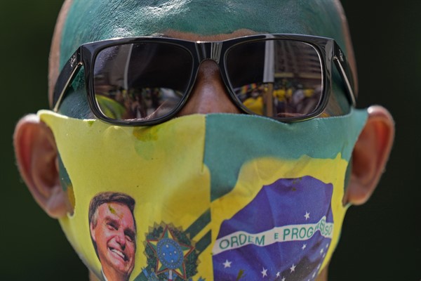 A supporter of Brazilian President Jair Bolsonaro at a rally marking Independence Day in Sao Paulo, Brazil, Sept. 7, 2021 (AP photo by Andre Penner).