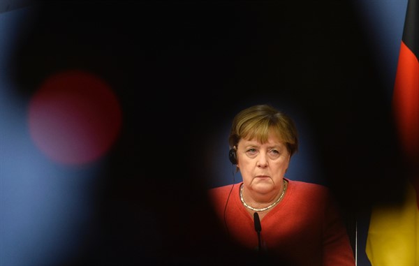 German Chancellor Angela Merkel speaks during a press conference at an EU summit in Brussels, Oct. 2, 2020 (AP photo by Johanna Geron).