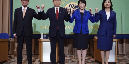Candidates in the LDP leadership election-from left, Kono Taro, Kishida Fumio, Takaichi Sanae and Noda Seiko-pose before a debate hosted by the Japan National Press Club, in Tokyo, Sept. 18, 2021 (AP pool photo by Eugene Hoshiko).