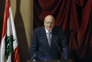 Lebanese Prime Minister Najib Mikati speaks duringing a parliamentary session to confirm the new government, in Beirut, Sept. 20, 2021 (AP photo by Bilal Hussein).
