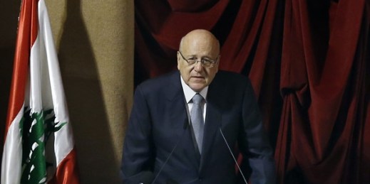 Lebanese Prime Minister Najib Mikati speaks duringing a parliamentary session to confirm the new government, in Beirut, Sept. 20, 2021 (AP photo by Bilal Hussein).