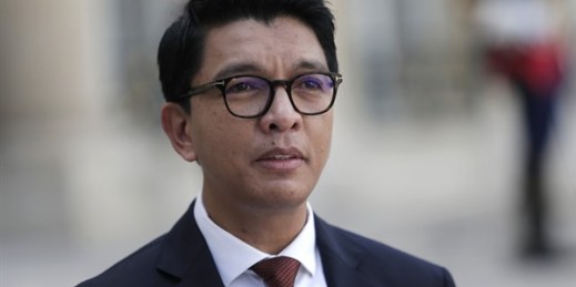 President Andry Rajoelina of Madagascar before a meeting with French President Emmanuel Macron at the Elysee Palace in Paris, Aug. 27, 2021 (AP photo by Lewis Joly).