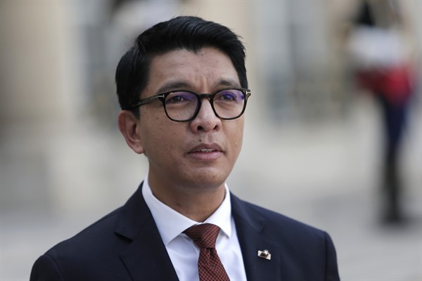 President Andry Rajoelina of Madagascar before a meeting with French President Emmanuel Macron at the Elysee Palace in Paris, Aug. 27, 2021 (AP photo by Lewis Joly).